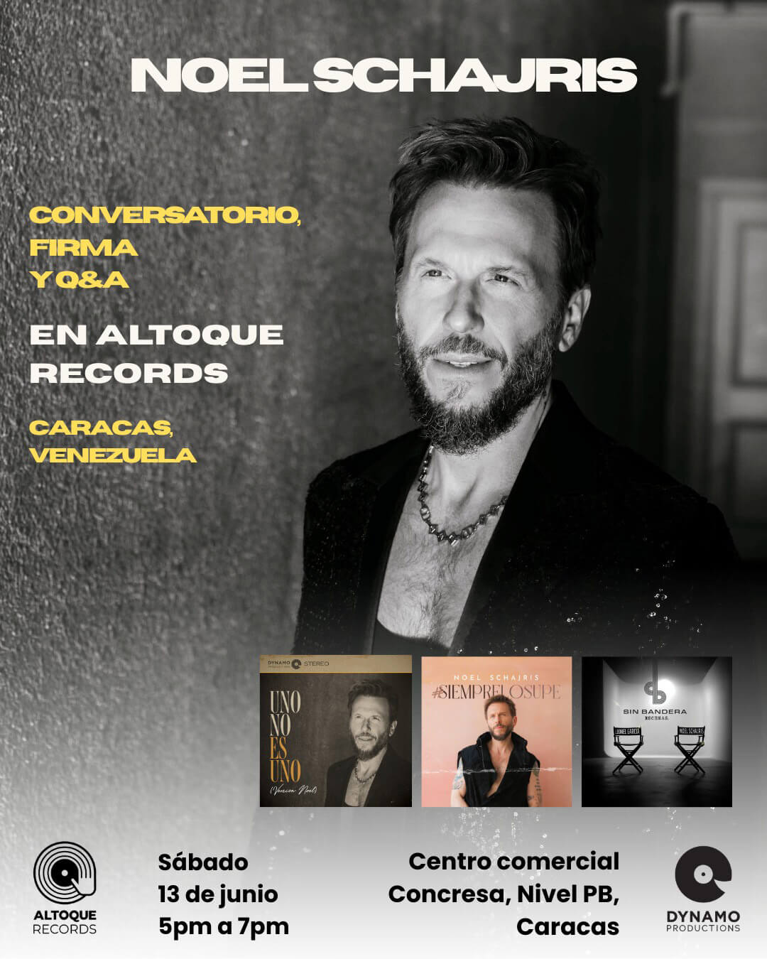 Vinilo + Conversatorio + Firma + Q&A con Noel Schajris 1 Conversatorio, Firma y Q%A en Altoque REcords, Caracas